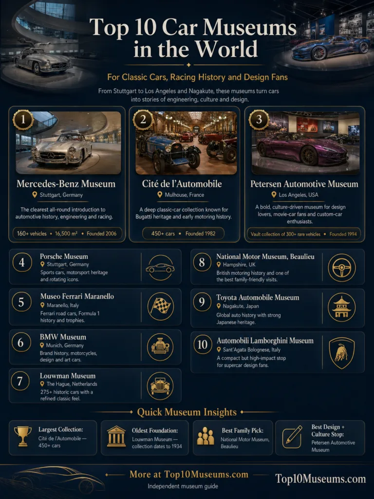 Explore the top 10 car museums worldwide for classic cars, racing history, and design fans.