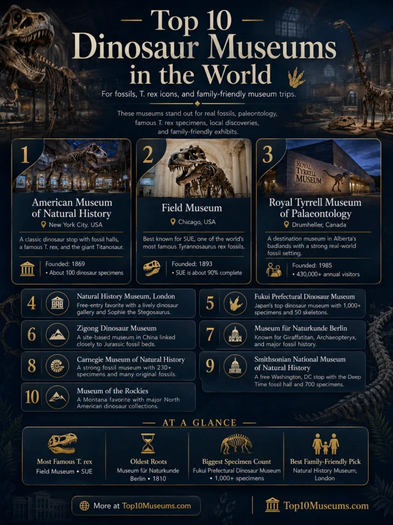 Top 10 dinosaur museums worldwide showcase fossils, T. rex, and family-friendly exhibits.