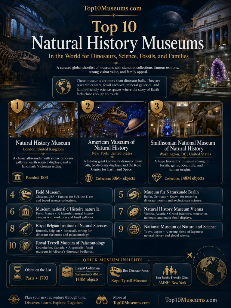 Top 10 natural history museums around the world showcasing dinosaurs, fossils, and science exhibits.