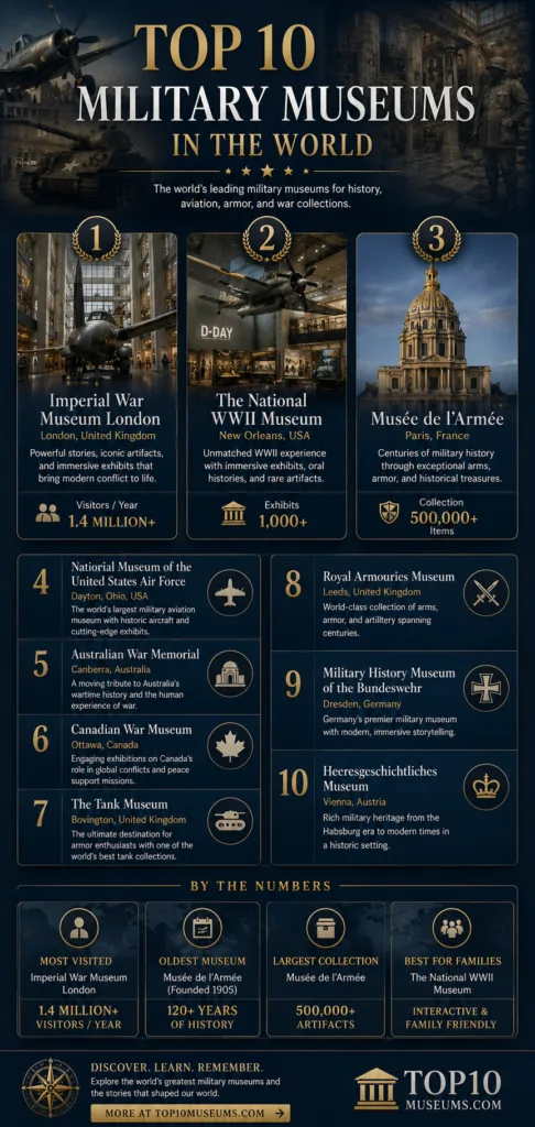 Top 10 military museums showcase history, aviation, armor, and war collections worldwide.
