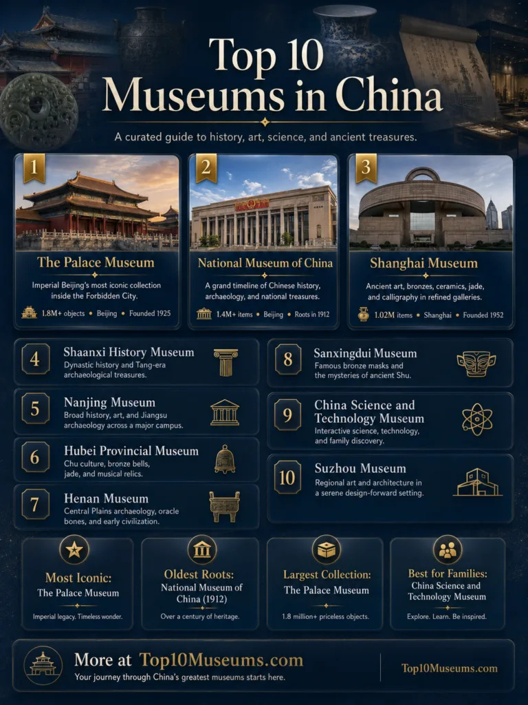 The top 10 museums in China showcasing history, art, science, and ancient treasures.