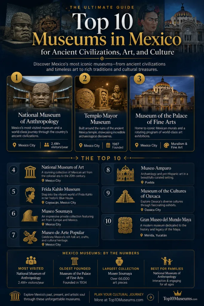 The top 10 museums in Mexico showcasing ancient civilizations, art, and culture in vibrant displays.