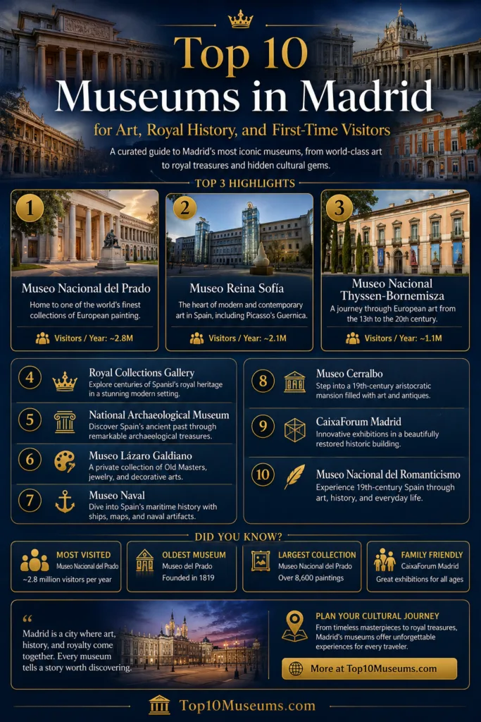 Explore Madrid's top 10 museums showcasing art, royal history, and culture.