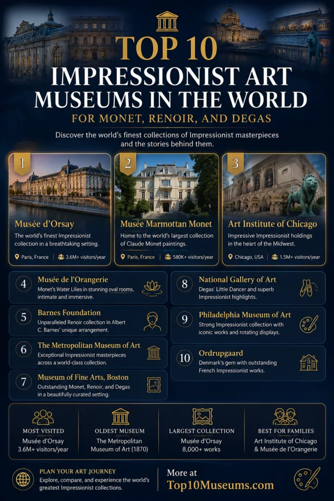 Top 10 impressionist art museums in the world showcasing Monet, Renoir, and Degas artworks.