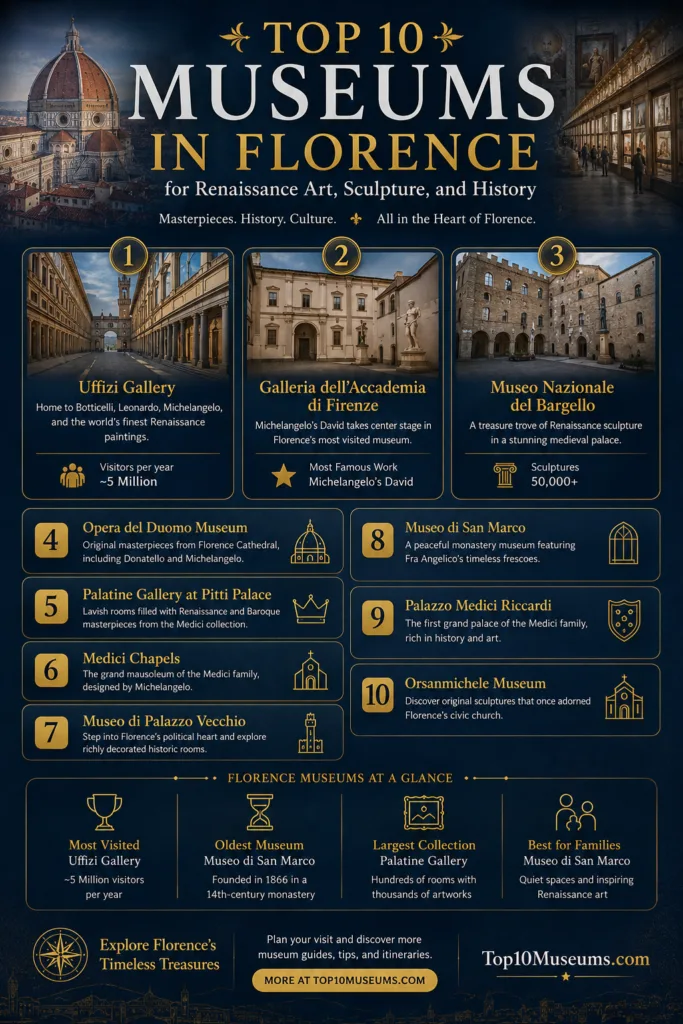 Florence's top 10 museums showcase stunning Renaissance art, sculptures, and history.