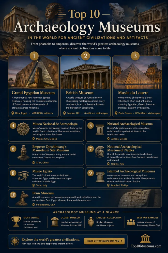 Top 10 archaeology museums in the world showcasing ancient civilizations and artifacts.