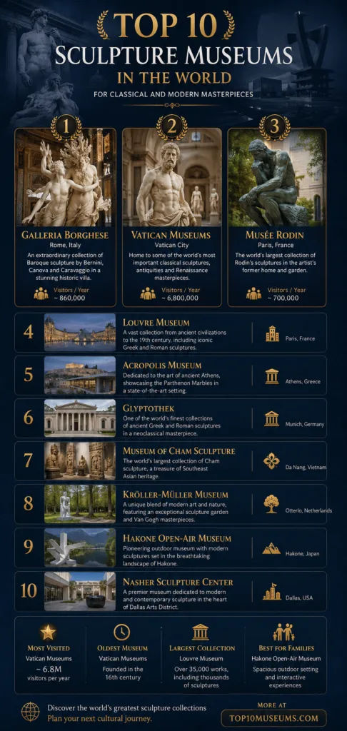 A list of the top 10 sculpture museums in the world featuring classical and modern masterpieces.